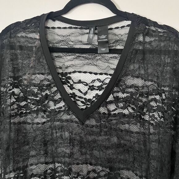 Y2K BISOU BISOU GOTHIC BLACK FLORAL LACE TUNIC BLOUSE TOP STRETCH L - Picture 2 of 7